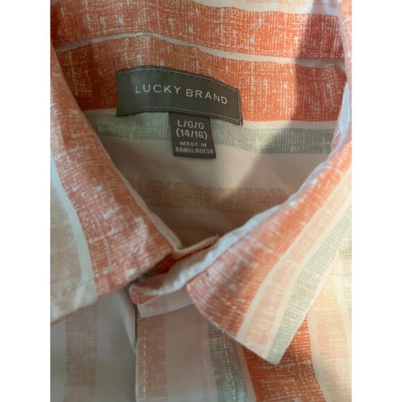 Lucky Brand Boy's 14/16 Dressy Casual Button-Up Orange/Green/Yellow/White Stripe - Picture 2 of 4